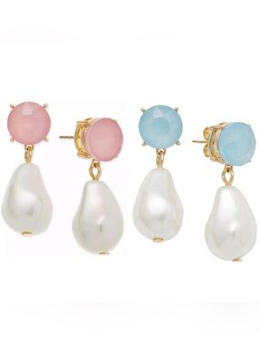 On 34th Gold-Tone Imitation Pearl Stone Drop Earrings NEW